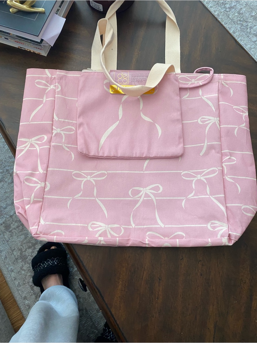 Cotton Canvas Pink Ribbon-Print Canvas Tote Bag w/ pouch